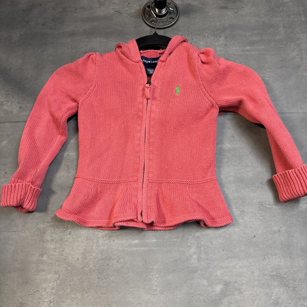 Ralph Lauren pink hooded knit zip-up Flared Peplum Hem Green Embroidered Logo 4